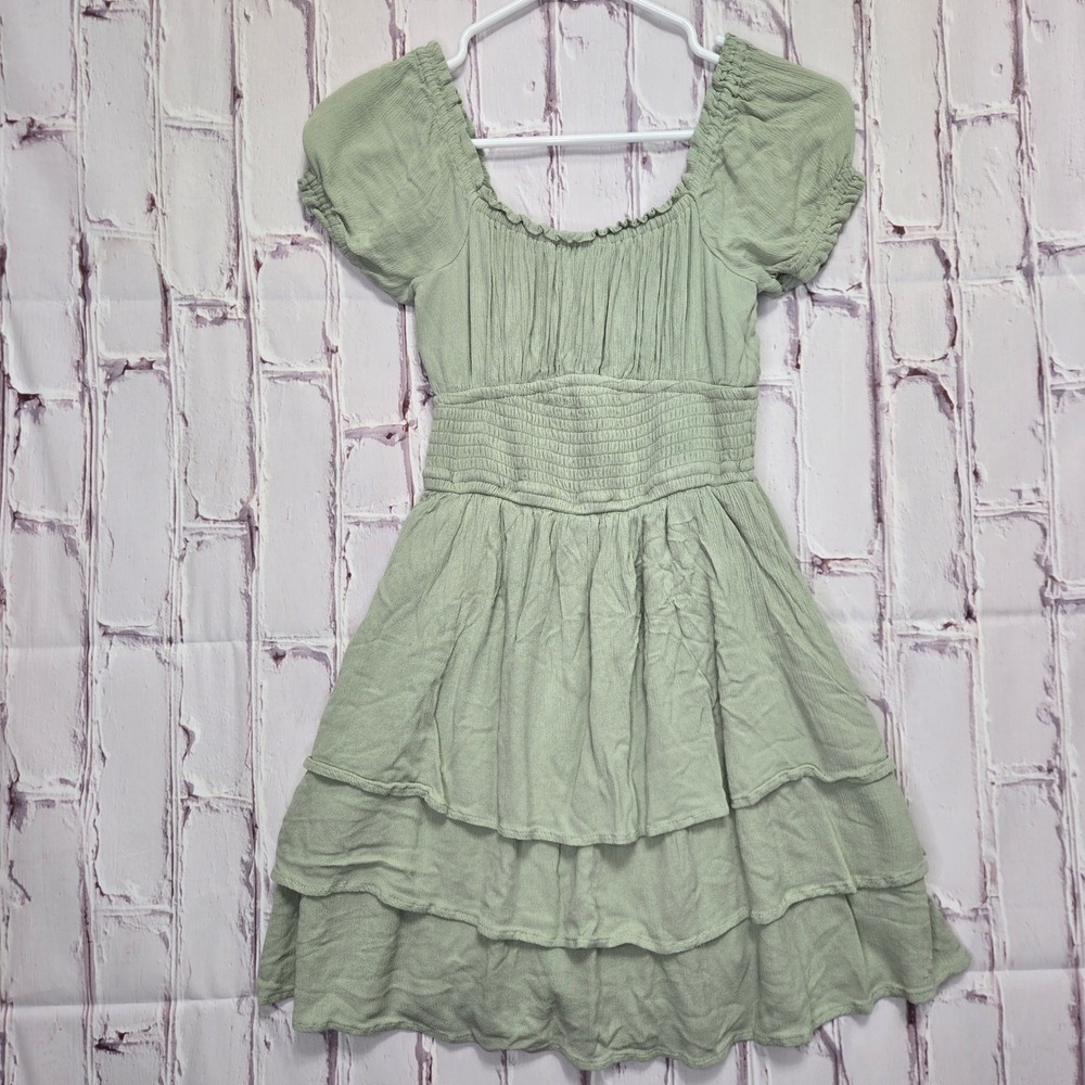 Y2K Hollister Mini Babydoll Dress Green Smocked Tiered Ruffle Boho Womens XS